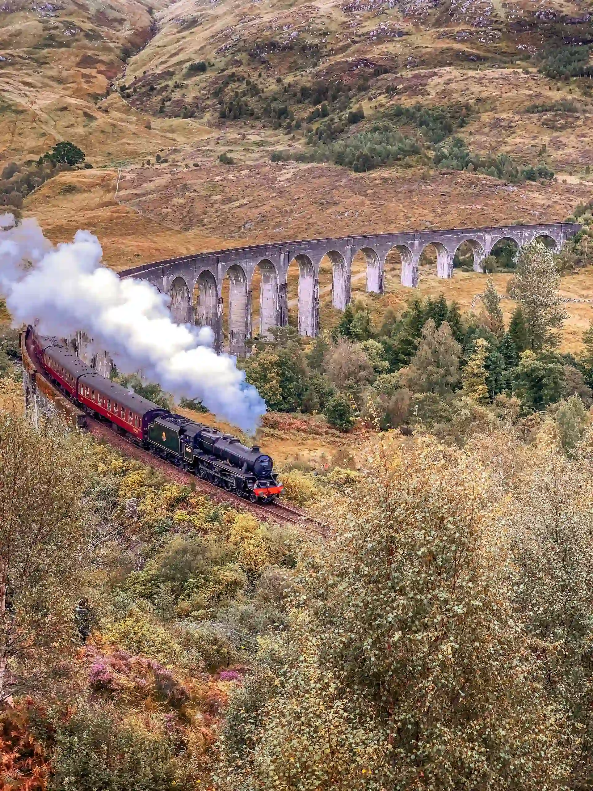 A train progresses forward on a single-track rail bridge through the mountains.