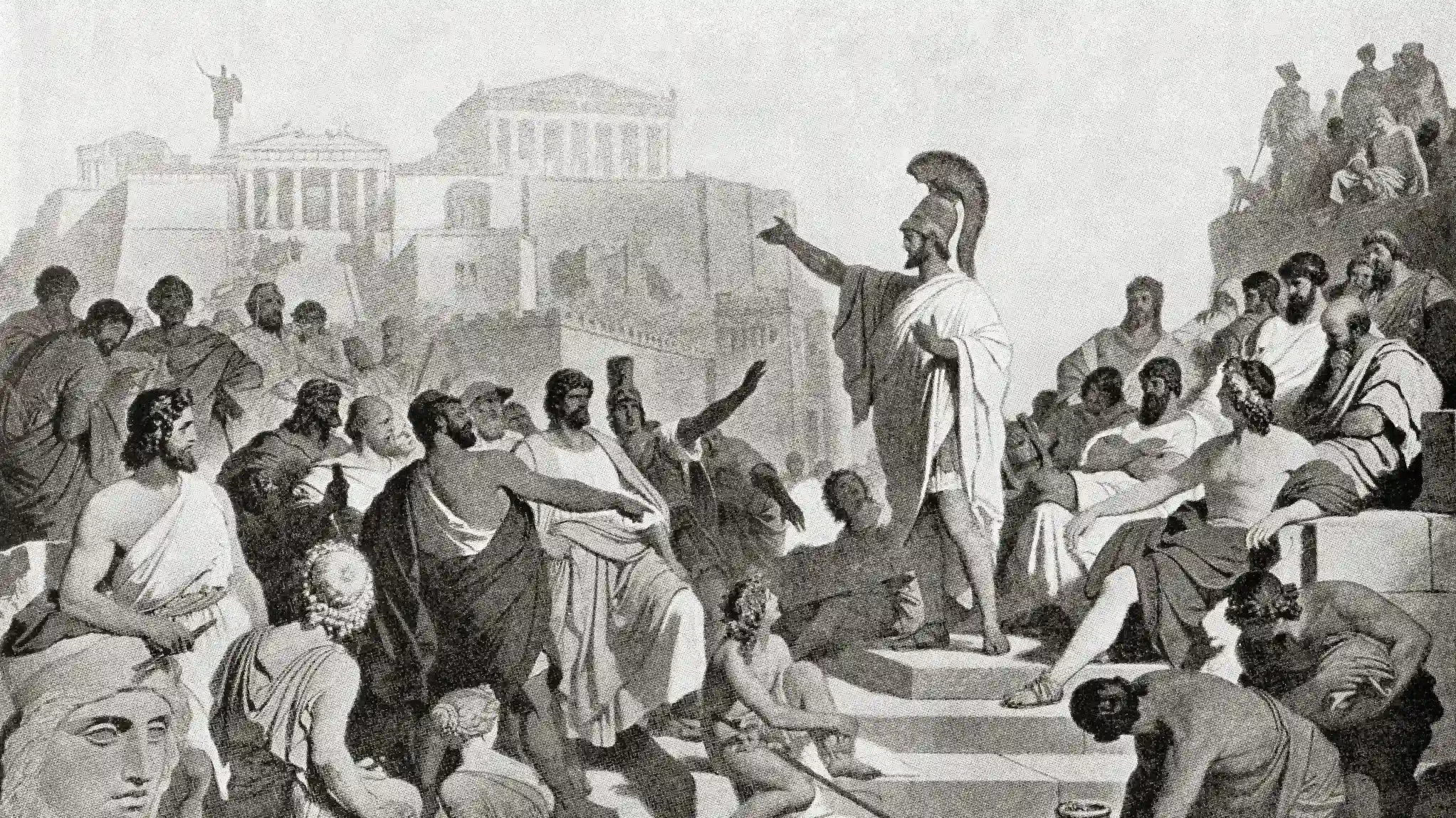 Pericles who was a Greek politician and general during the Golden Age of Athens is seen here delivering a speech to a gathering of men.